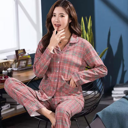 Womens Cotton Cardigan Pajama Long Sleeve Two-Piece Loungewear