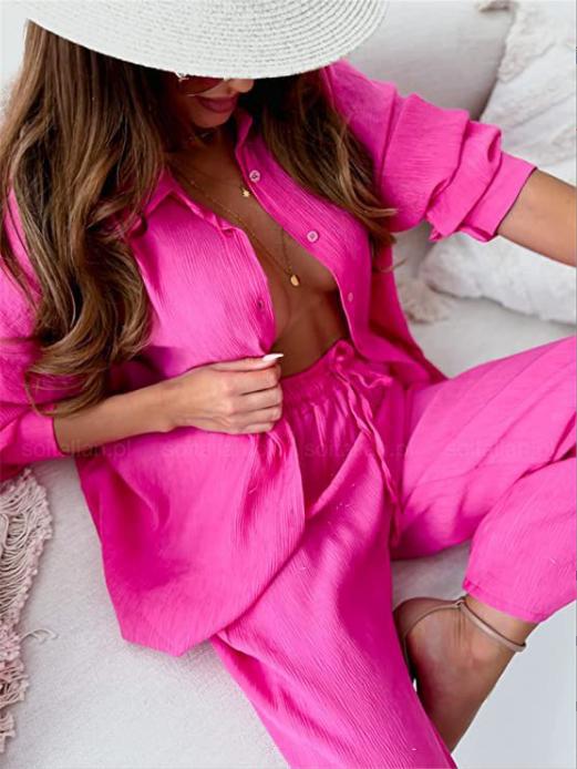 Womens Loose Elastic Long Sleeve Shirt Wide Leg Pants Casual Set