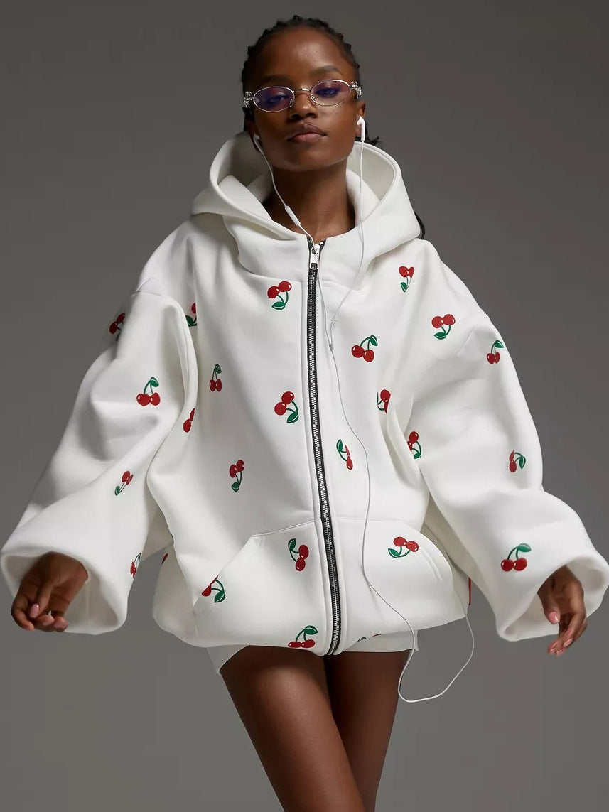 Cherry Print Cotton Hoodie for Women