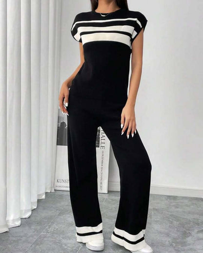 Striped short-sleeved T-shirt and loose wide-leg pants for women