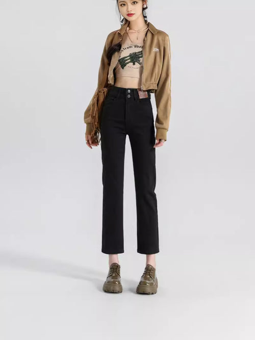 High Waist Denim Pants Women Straight Leg Stretch Jeans