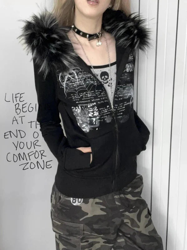 Millennial-style sexy fur-collar women's zip-up jacket