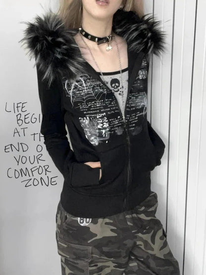 Millennial-style sexy fur-collar women's zip-up jacket