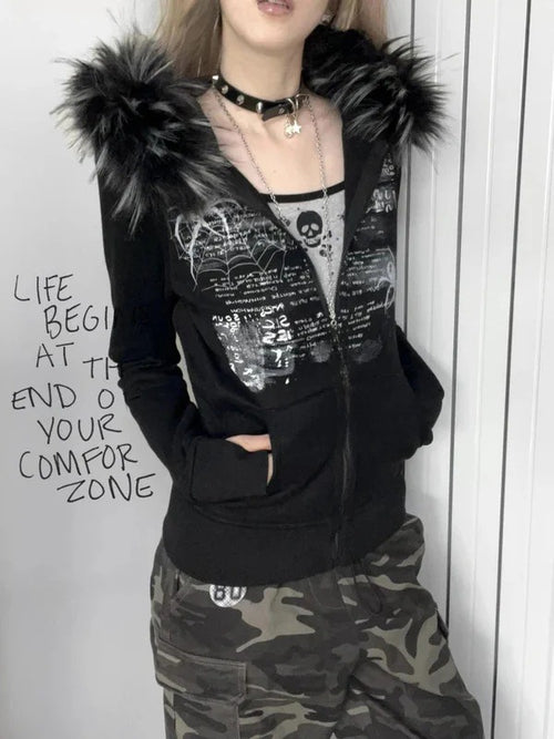 Millennial-style sexy fur-collar women's zip-up jacket