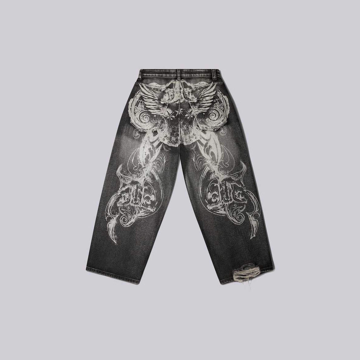 Retro Printed Wide-Leg Denim Pants