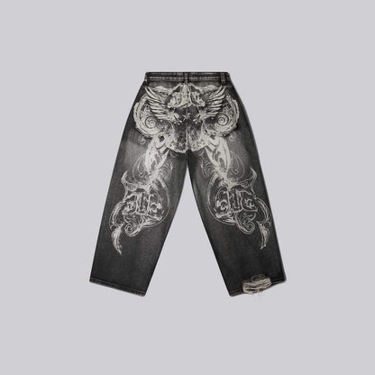 Retro Printed Wide-Leg Denim Pants