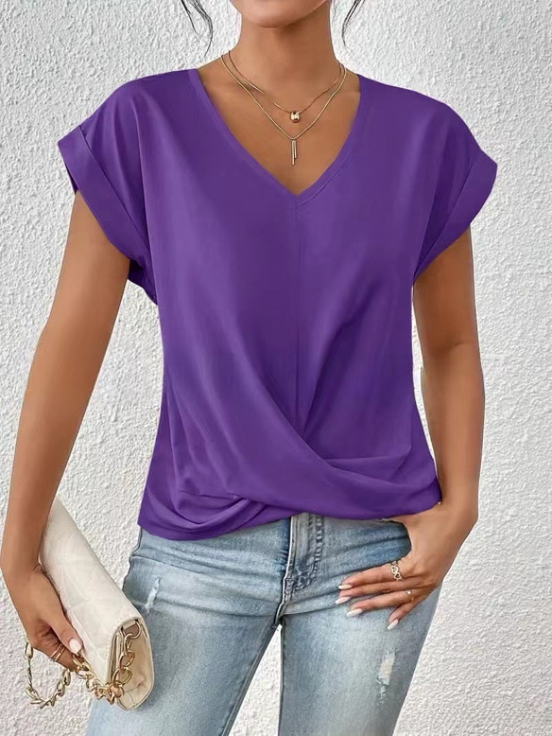 Womens V-Neck Pleated T-Shirt