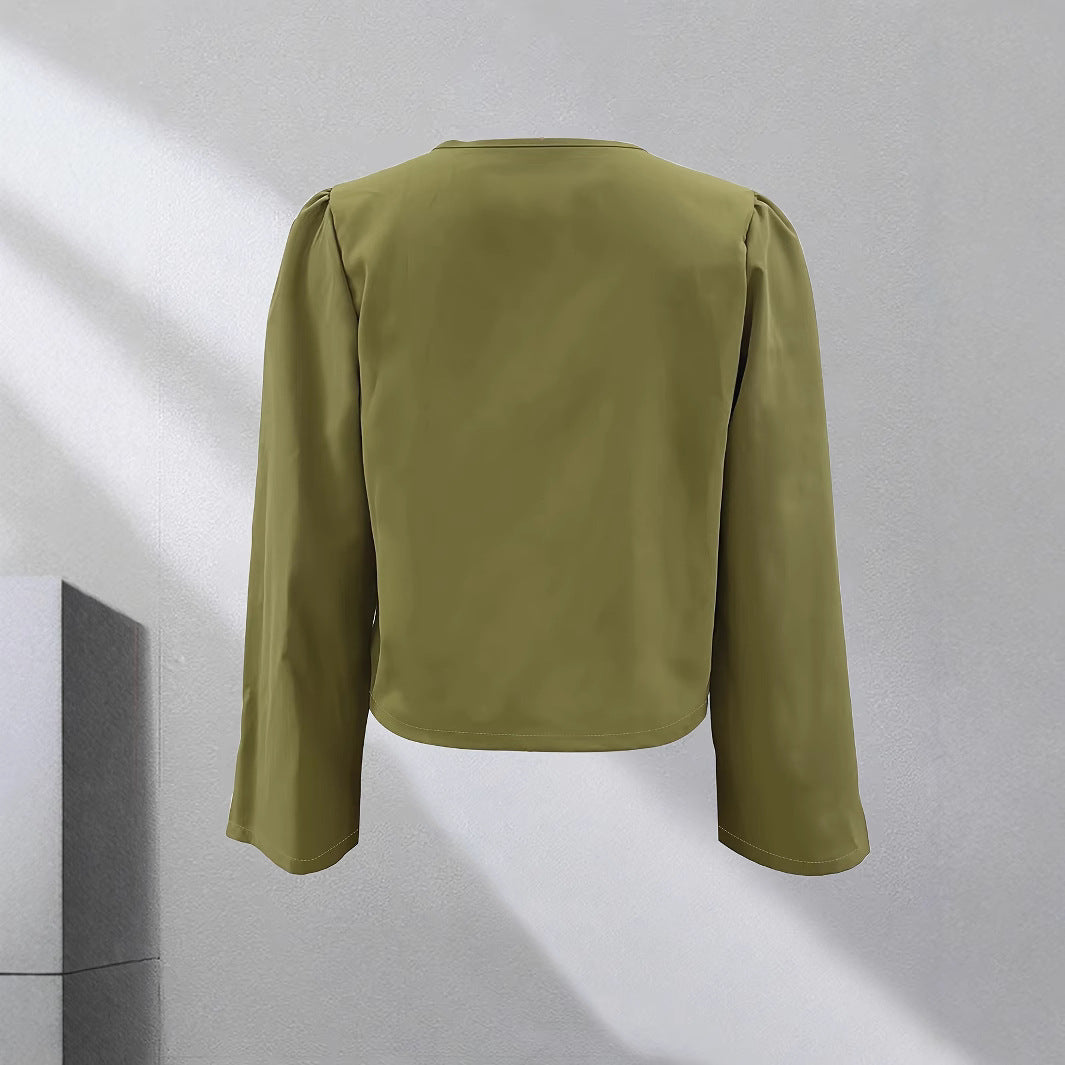 V-neck tie solid color stylish commuter shirt for women