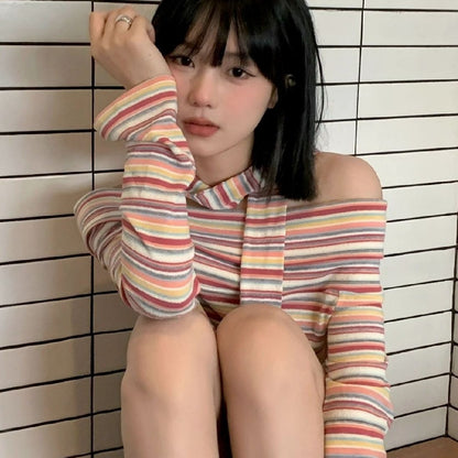 Pink striped long-sleeved T-shirt for women