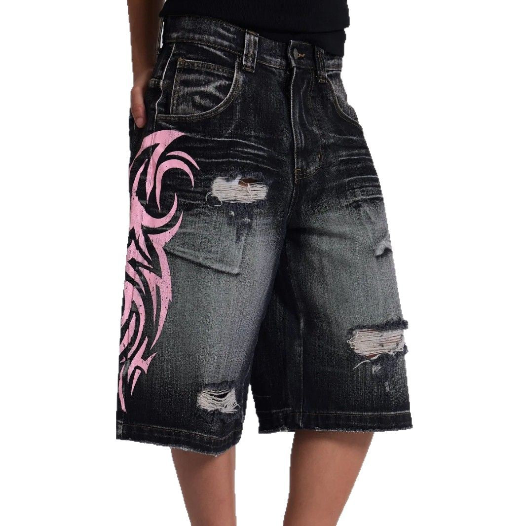 Retro Printed Wide-Leg Denim Pants