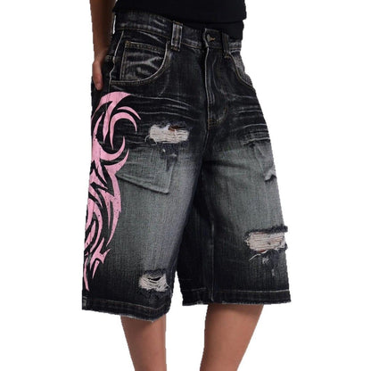 Retro Printed Wide-Leg Denim Pants