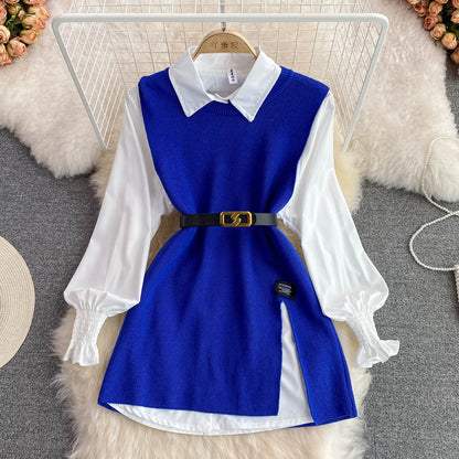 A two-piece loose knitted vest and shirt set for women