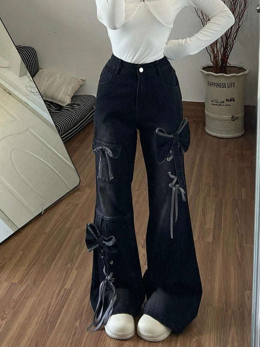 Womens Flared Denim Pants with Bow Detail