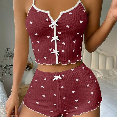 Women's Bow Accent Suspender Shorts Loungewear Set