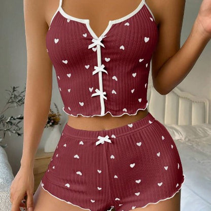 Women's Bow Accent Suspender Shorts Loungewear Set