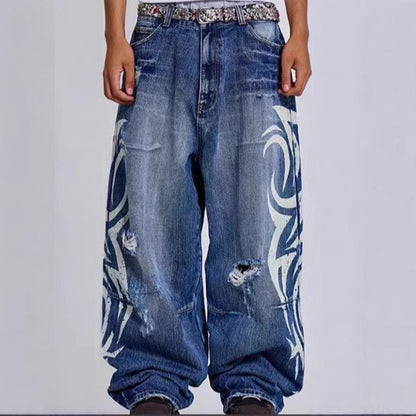 Retro Printed Wide-Leg Denim Pants
