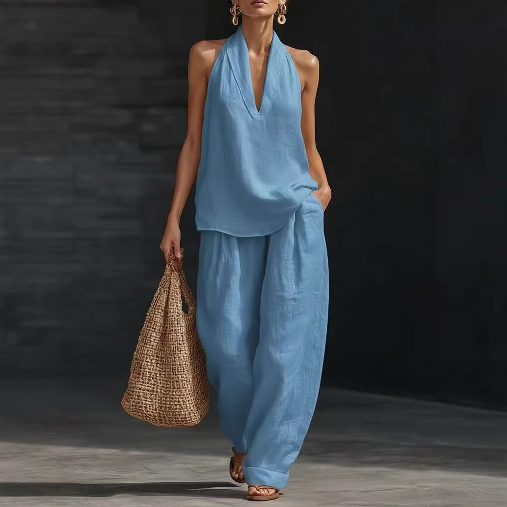 French Style Halter Top and Wide-Leg Pants
